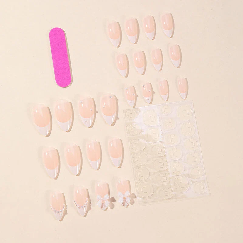 24Pcs Almond White French Press on Nails Pearl Bow False Nail Short Rhinestones Removable Nail stickers for Women and Girls