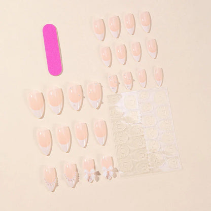 24Pcs Almond White French Press on Nails Pearl Bow False Nail Short Rhinestones Removable Nail stickers for Women and Girls