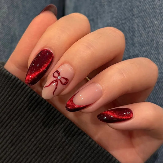24pcs Cat's Eye Press on Nails Sets Simple Red Long Almond Fake Nails Tips Bow Design False Nail Rhinestone Round Head Manicure