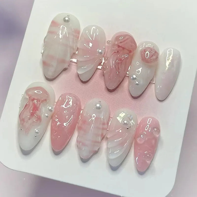 24pcs Mid-length Almond Press on Nails Sets Wearable Gradient Pink Flower Pearl Design False Nail French Fake Nail Finished Tips
