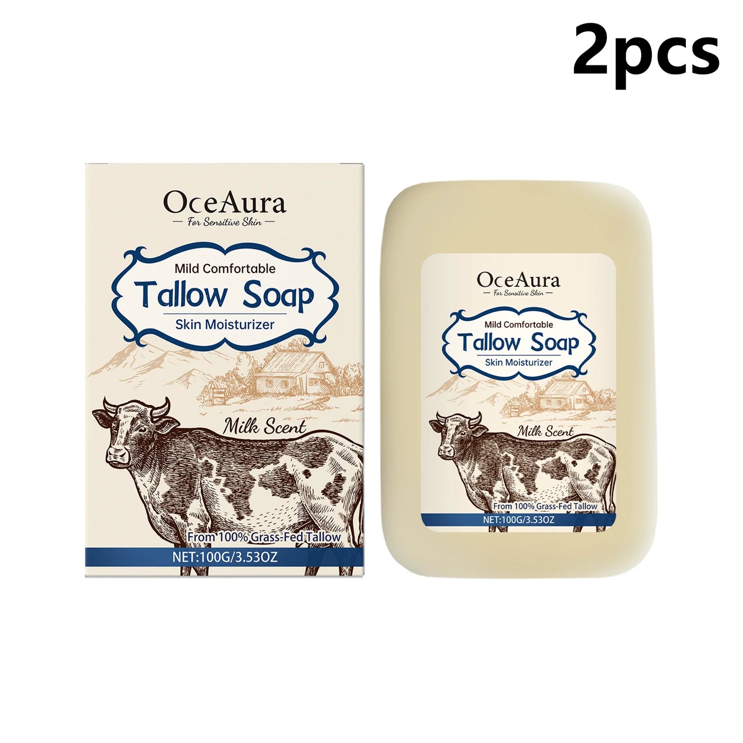 OceAura Grass Fed Beef Tallow Soap Professional Skin Cleaning Oil Control Smooth Skin Moisturizer Natural Organic Body Soap Bar