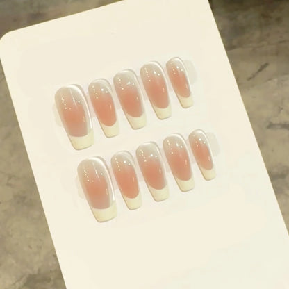 10pcs Handmade French Cat Eye Press on Nails Ins Simple Nude Pink Sweet Girl Fake Nails Reusable Wearable Korean False Nail Tips