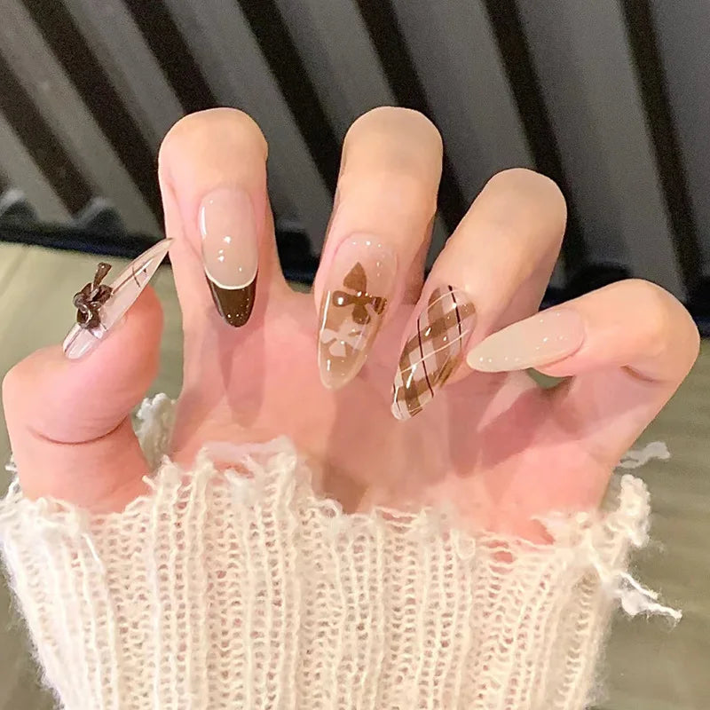 24Pcs Brown Plaid Press on Nails French Bow Spring False Nail Medium Almond Fashion Atmosphere Wearable Nail for Women&Girl