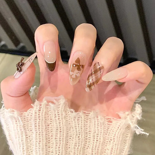 24Pcs Brown Plaid Press on Nails French Bow Spring False Nail Medium Almond Fashion Atmosphere Wearable Nail for Women&Girl