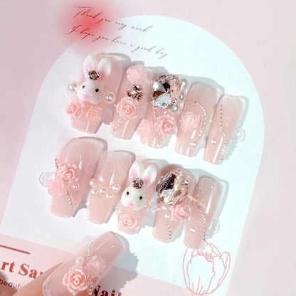 24Pcs Pink French Leopard Hello Kitty False nails 3D Y2k Star Heart Kitty Cat Rhinestones Press On Nails Cute Cartoon Fake Nails
