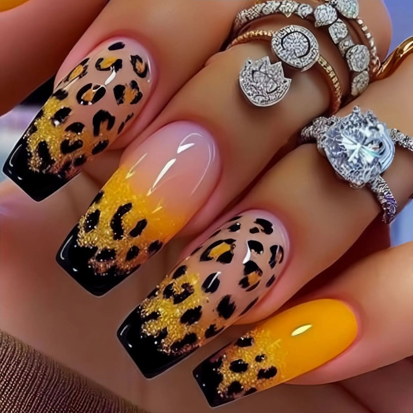 Short Medium long fake nails Square ballet nail tips Gradient purple pink blue leopard flame Y2K press on false nail art set
