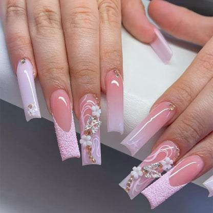 24Pcs Long Square False Nails Simple White French Fake Nails Wearable Ballet Coffin Full Cover Nail Tips Acrylic Press on Nails