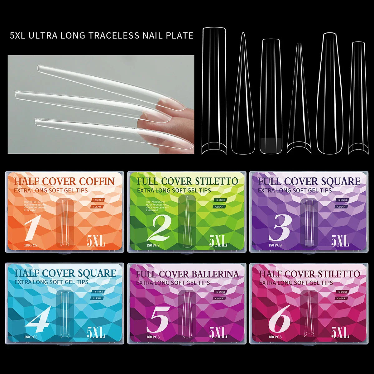5XL Soft Gel Tips Press On Nails Acrylic Half/Full Cover Fake Nails 180pcs Stiletto Coffin Ballet DIY Extension Nail Supplies