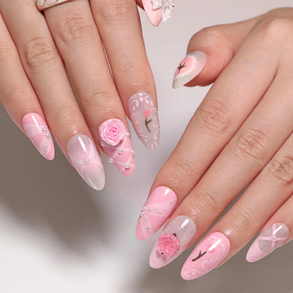 24pcs Sweet Pink Fake Nail Patches Blush 3D Bows Flower Pearl Buttertfly Press On Nails Wearable Almond Korean False Nail Tips