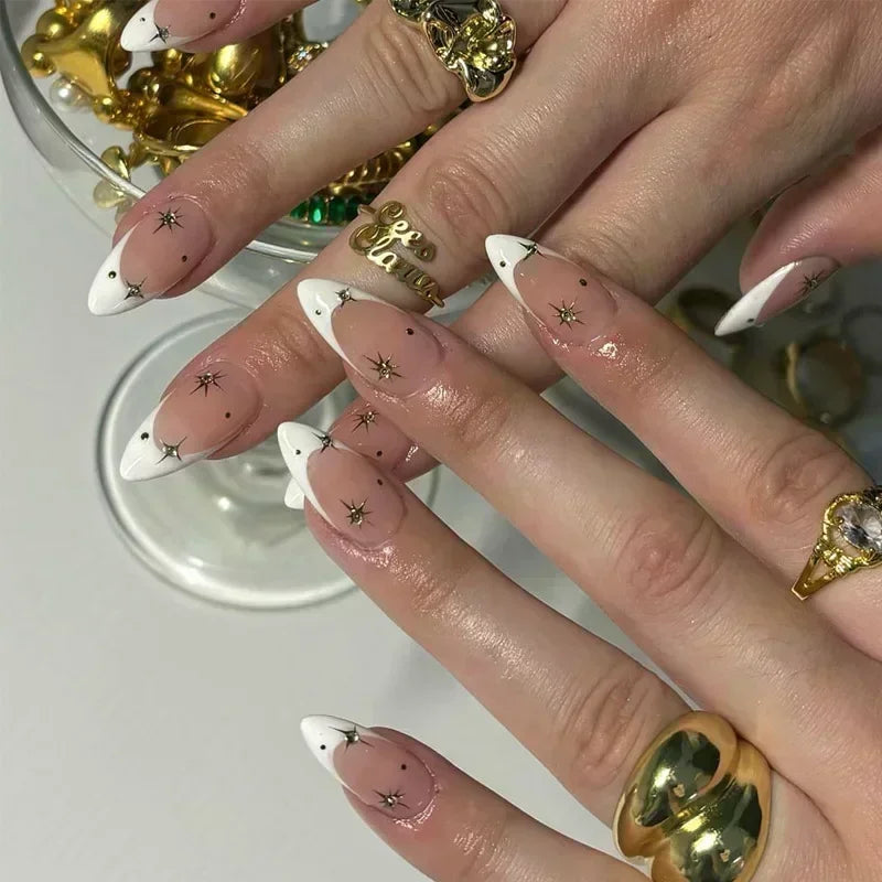 24Pcs Stiletto Press on Nails Glitter Almond False Nails French Tip Fake Nails with Glue Detachable Full Cover Acrylic Nail Tips
