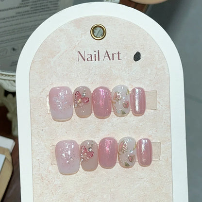 10Pcs Blue Handmade Press on Nails Full Cover Love Butterfly Design Summer Short Ballet False Nails Wearable Manicure Nail Tips