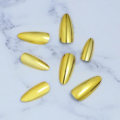 24pc/set Medium almond fake nails metallic mirror red black purple blue golden tips faux ongles y2k press on acylic false nail