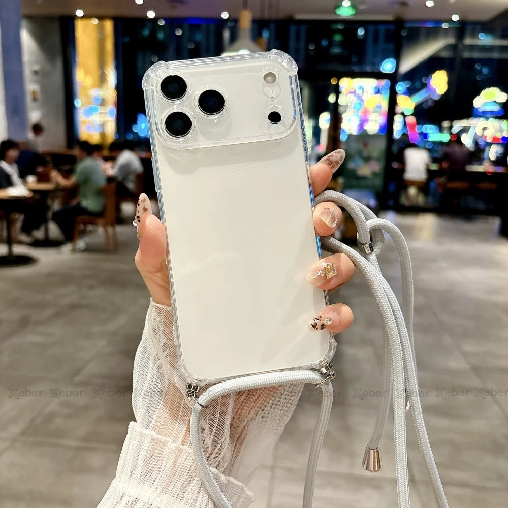Shockproof Clear Soft Bumper Case For iPhone 17 16 15 14 Pro Max Plus Crossbody Lanyard Necklace Strap Cord Nylon Rope Cover
