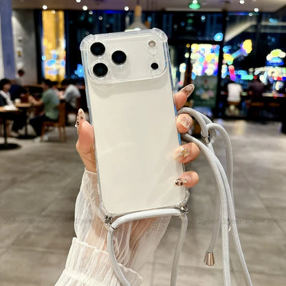 Shockproof Clear Soft Bumper Case For iPhone 17 16 15 14 Pro Max Plus Crossbody Lanyard Necklace Strap Cord Nylon Rope Cover