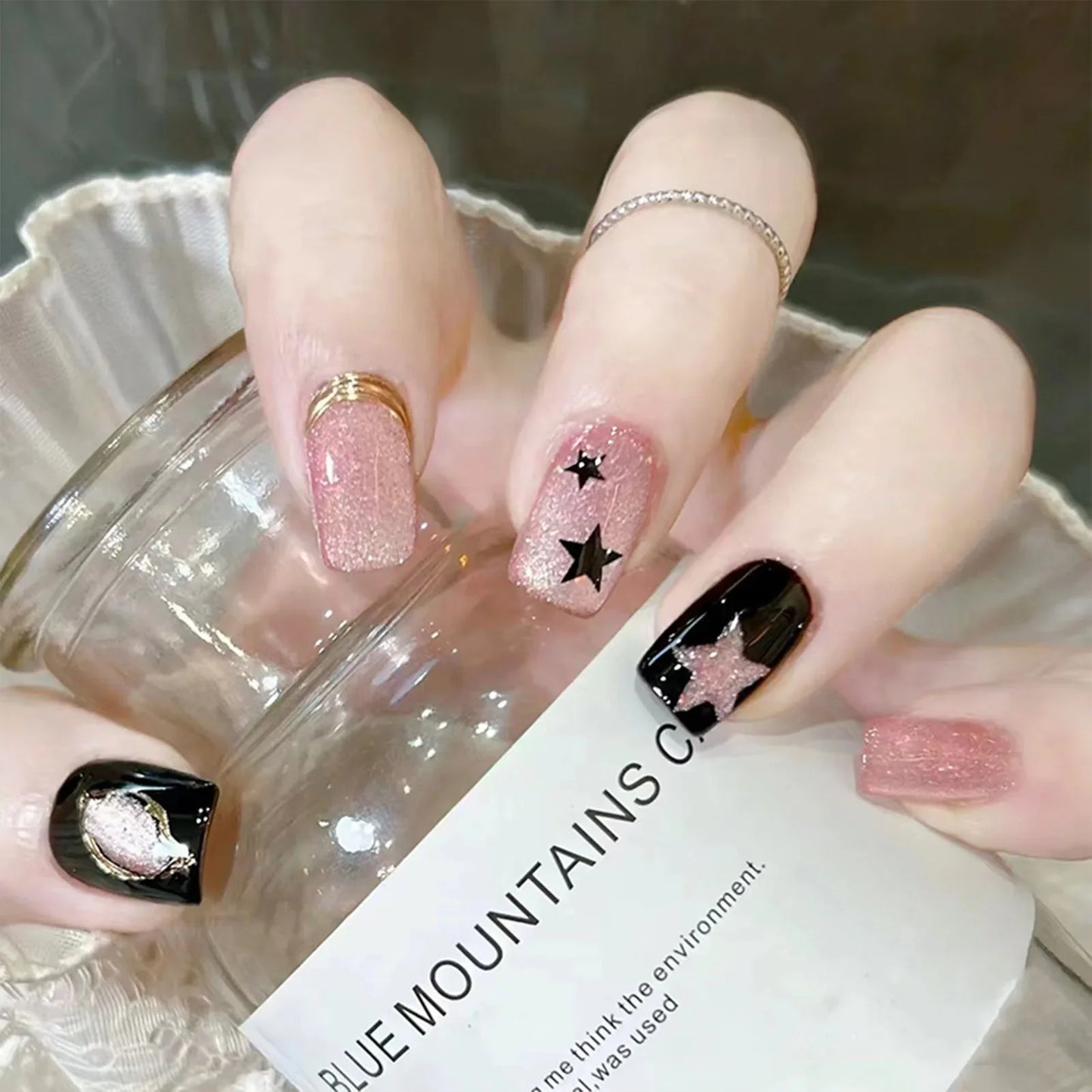 Wearable Stars Y2k Nails Press On Short Square 24pcs Fake Nails Silver Stripes False Nails Decoration Glitter Nail Tips Finished