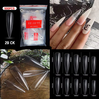 Super Long Sharp Nail Tips Fake Natural Transparent False Nails Durable Extension Acrylic UV Gel Manicure Salon Tools Supplies