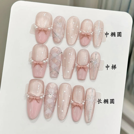 10pcs Handmade Press on Nails Sweet 3D Bow Decor Cat's Eye Fake Nail Tips Wearable Detachable Ins Plaid Pink French False Nails