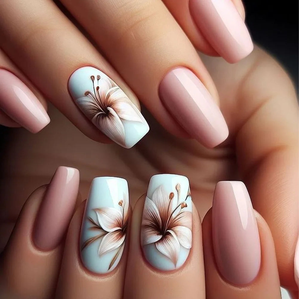 24pcs Press on Nails Flower Design Mid-length Ballet False Nail Fashion Brown Full Cover Manicure Tips Datachable Fake Nails Set