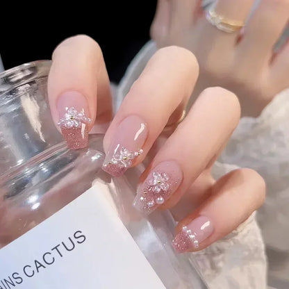 24Pcs Short Ballerina False Nail Tips with Pearl Detachable French Fake Nails Pink Cute Full Cover Press on Nails Manicure Tools