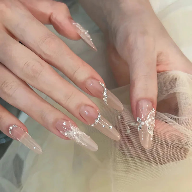 24Pcs Orange Gradient Almond Fake Nails Detachable Simple Pure Color Press On Fake Nails Tips With Glue Long y2k Pink Nails