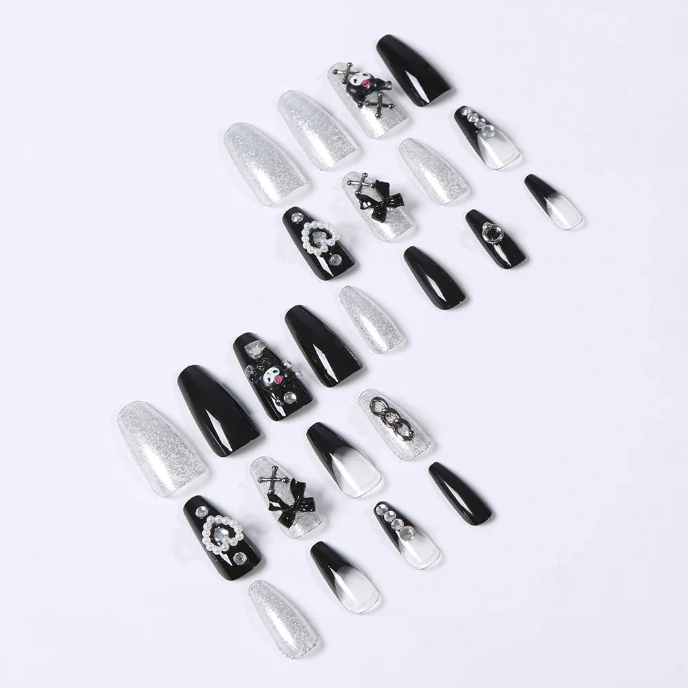 24Pcs 3D kuromi press on nails Y2K Cartoon Handmade Fake Nails Black Gel nail Wearable Nails Cinnamoroll Melody Anime False Nail