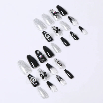 24Pcs 3D kuromi press on nails Y2K Cartoon Handmade Fake Nails Black Gel nail Wearable Nails Cinnamoroll Melody Anime False Nail