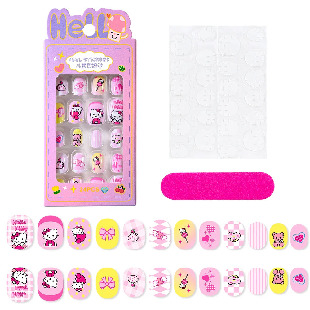 12pcs Kids 3D Stereo Sanrio Fake Nails Patch Sweet Girls Cute Cartoon Hello Kitty press on nails Kuromi Child Wearable FalseNail
