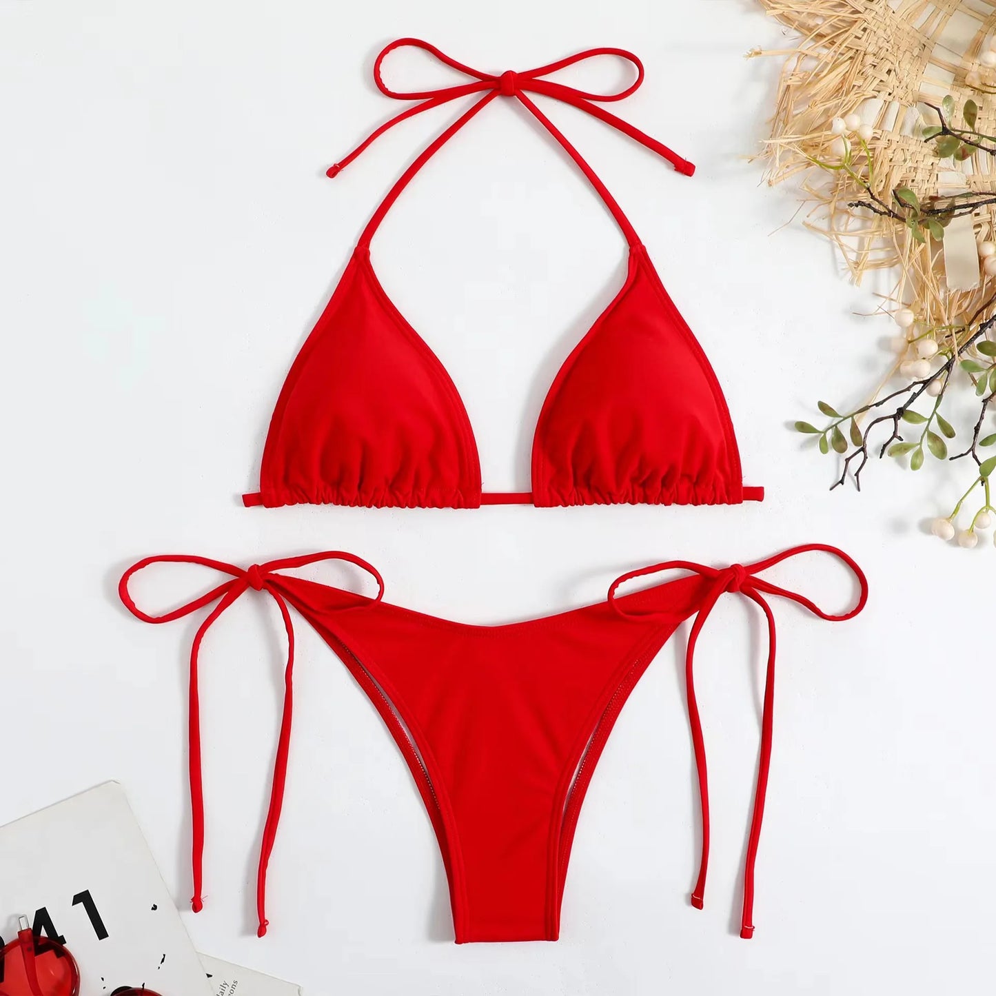 Bikini three-point swimsuit sexy drawstring strap halter bikini solid color lace-up split swimsuit