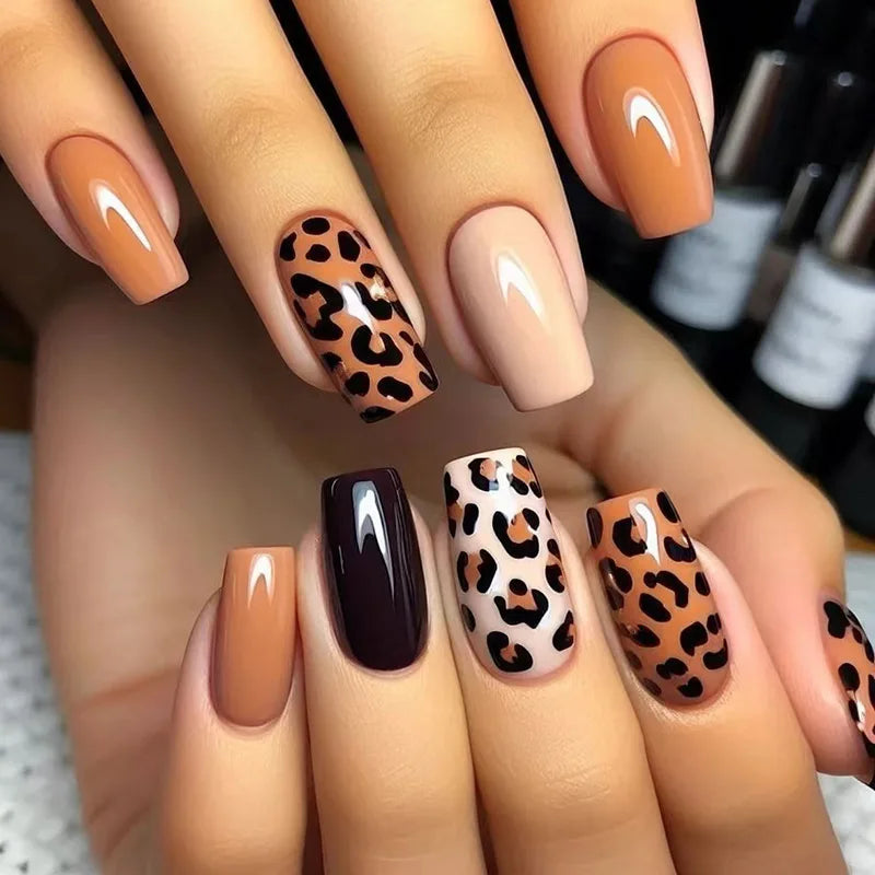 24Pcs Fashion Fake Nails Press on Long Ballet False Nails Art with Flower Design Brown Detachable Full Cover Nail Tips Manicure