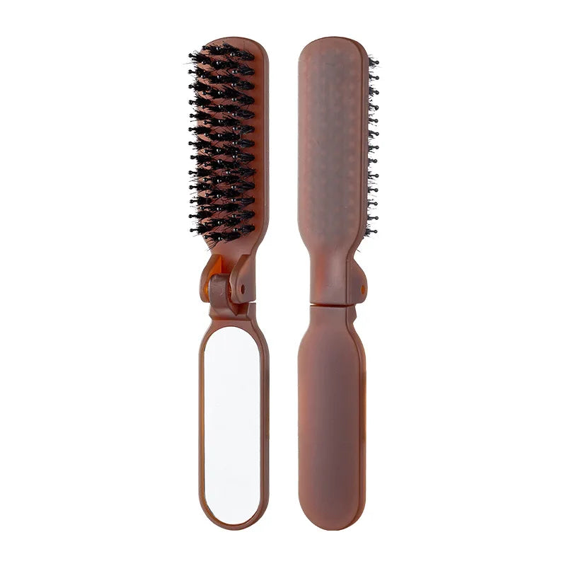 1Pc Foldable Bristle Comb with Mirror Mane Bristle Hair Brush Portable Pocket Collapsible Travel Massage Salon Hair Styling Tool