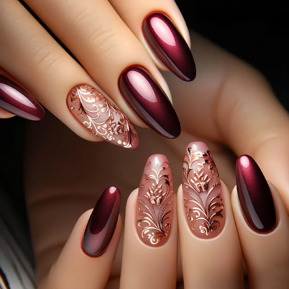 24pcs/set Medium fake nails for women girls glossy green golden red flowers New year Square ballet nail tips press on false nail