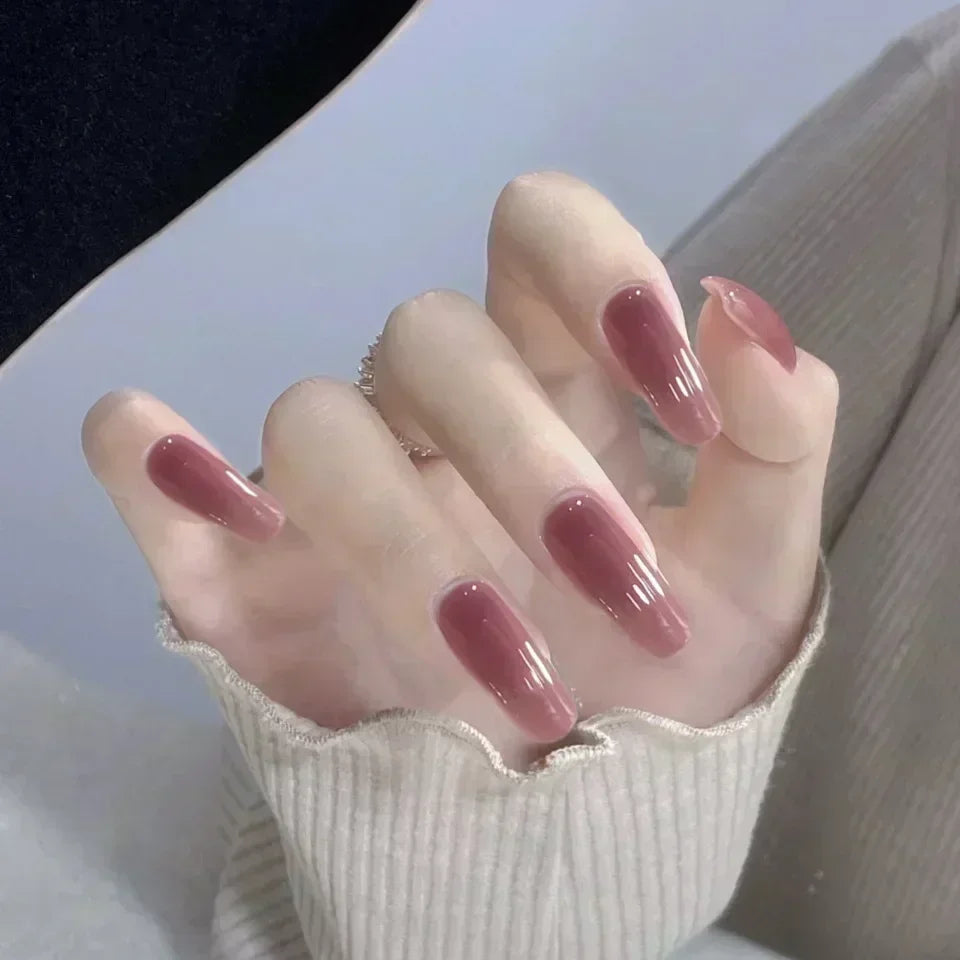 24pcs/Box Long Coffin False Nails Art Rose with Glue Wearable Nude Pink White Color Jelly Nails Tips Full Cover Press on Nails