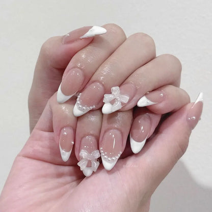 24Pcs Almond White French Press on Nails Pearl Bow False Nail Short Rhinestones Removable Nail stickers for Women and Girls