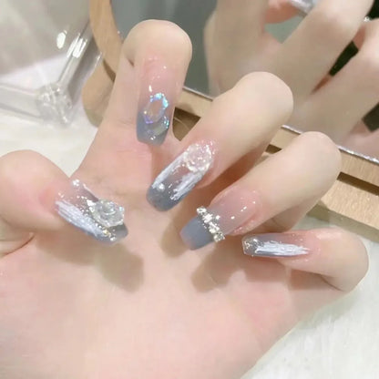 24Pcs Glitter Diamond Press On Nails Sweet Cute Girl Acrylic Nails Full Cover Short Square Fake Nails Wearable Manicure Nail Tip