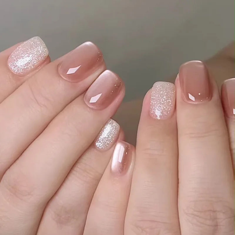 24pcs Crystal Cat Eye False Nails with Glue Short Square Press on Nails Shiny Red Jewel Nail Solid Color Fake Nails Minimalis