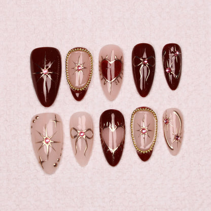 10Pcs Handmade Manicure Medium Almond Fake Nails Unique 3D New Cut bow Flowers Press On Nails Design with Adhesive Nail File Set