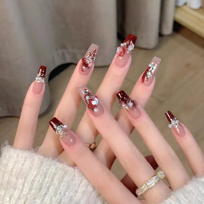 24pcs Red Rose Fake Nails Long Flower Ballet Press on Nails Design French False Nail Full Cover Wearable Fake Nail Tips Art