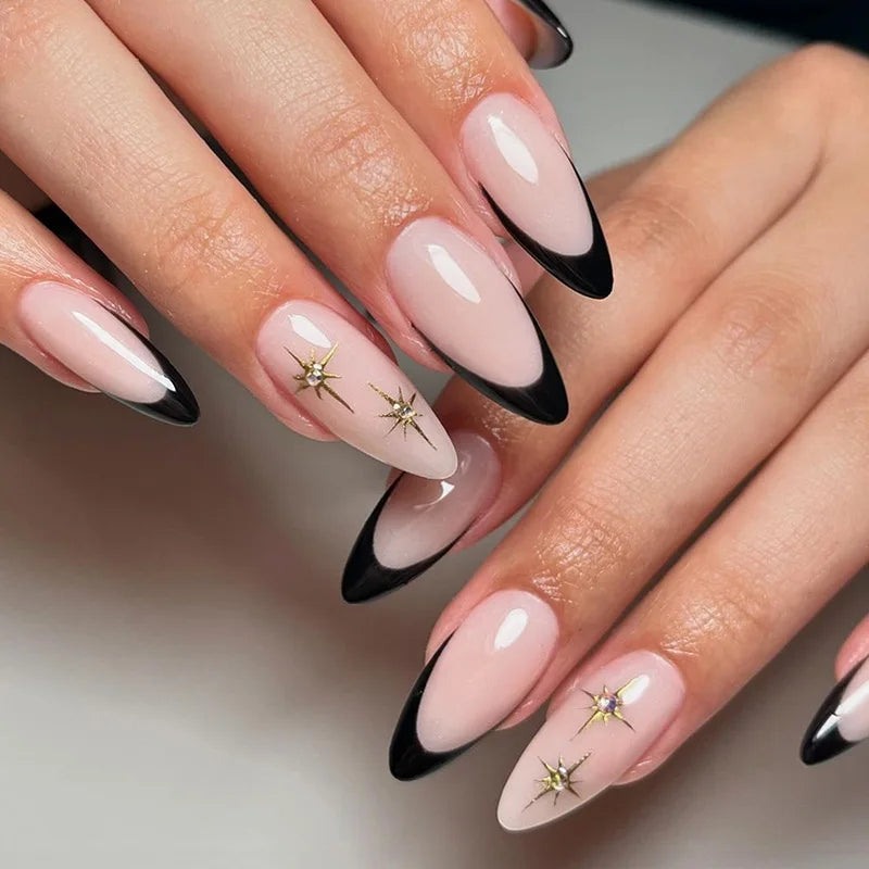 24pcs Short Almond Pink French False Nails Star Design Press on Nails Fake Nails DIY Manicure Detachable Stick-on Nail Tips