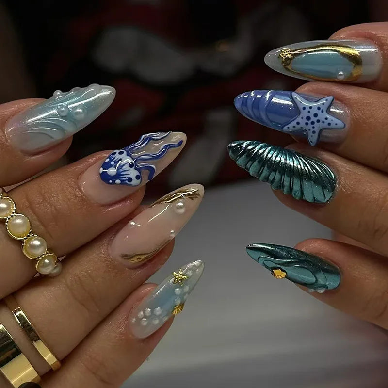 24pcs Almond False Nails Tips Summer Beach Colorful Nails Sets with Pearl Flower Design Press on Nails Art Wearable Fake Nail