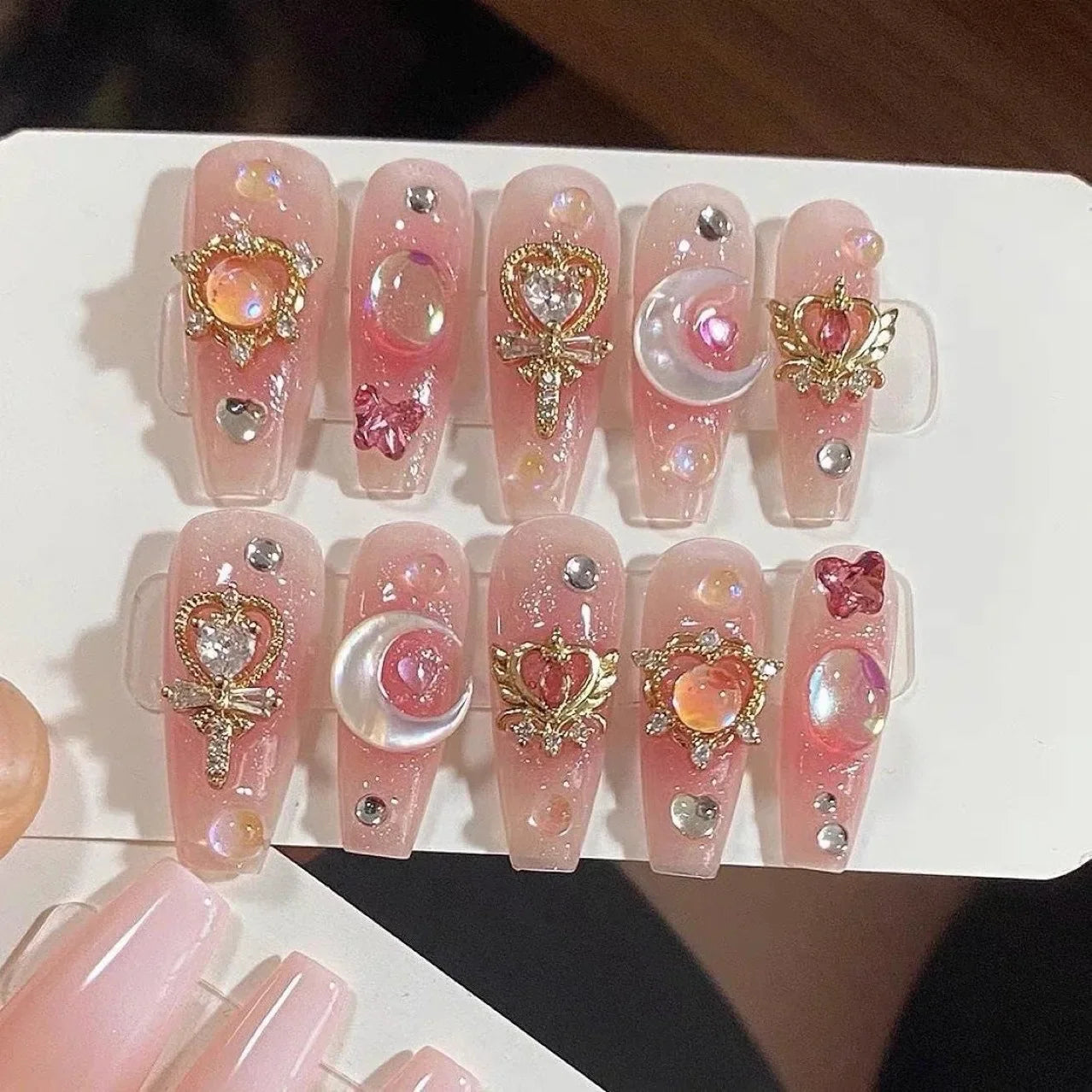10Pcs Blue Handmade Press on Nails False Nails 3D Ocean Flower Full Cover Rhinestones Long French Wearable False Nails Tips Art