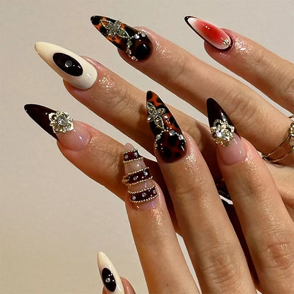24Pcs Stiletto Press on Nails Glitter Almond False Nails French Tip Fake Nails with Glue Detachable Full Cover Acrylic Nail Tips