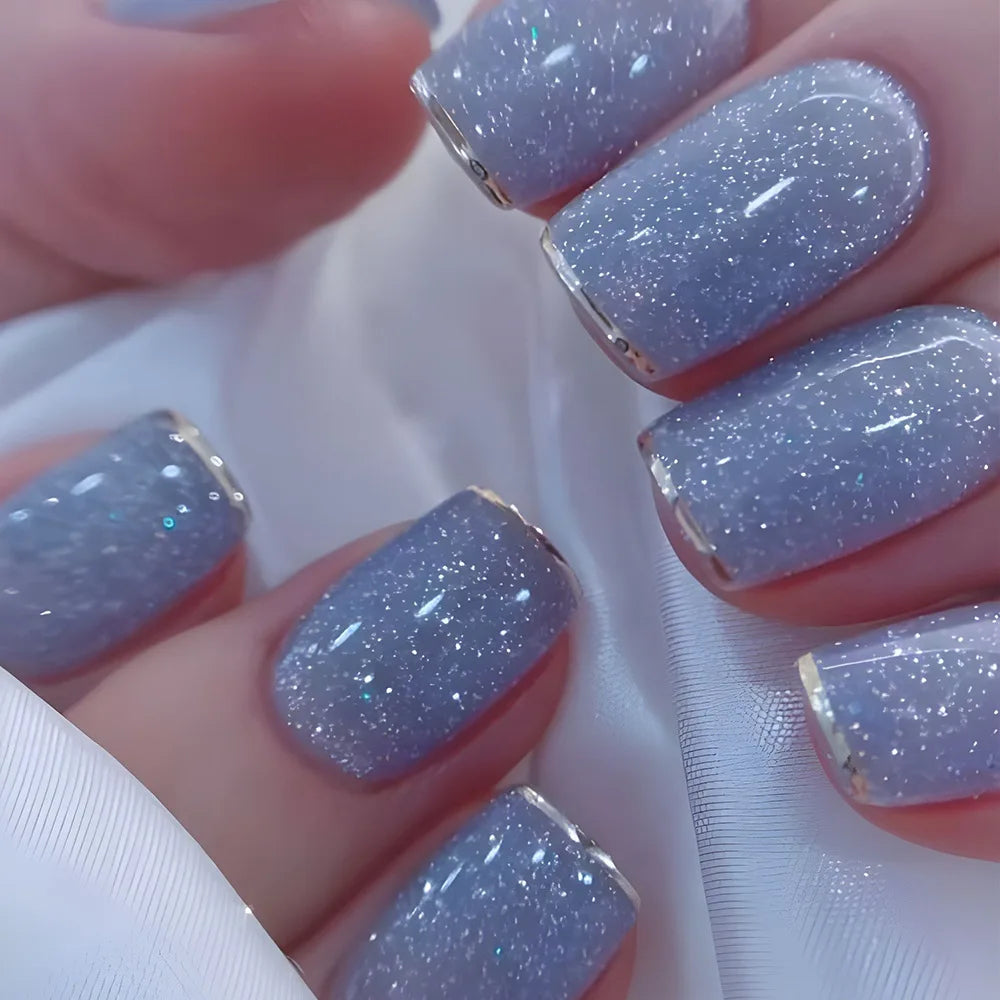24pcs/set short middle fake nails super sparkling glitter flowers starry sky ballet square almond tips press on false nails art