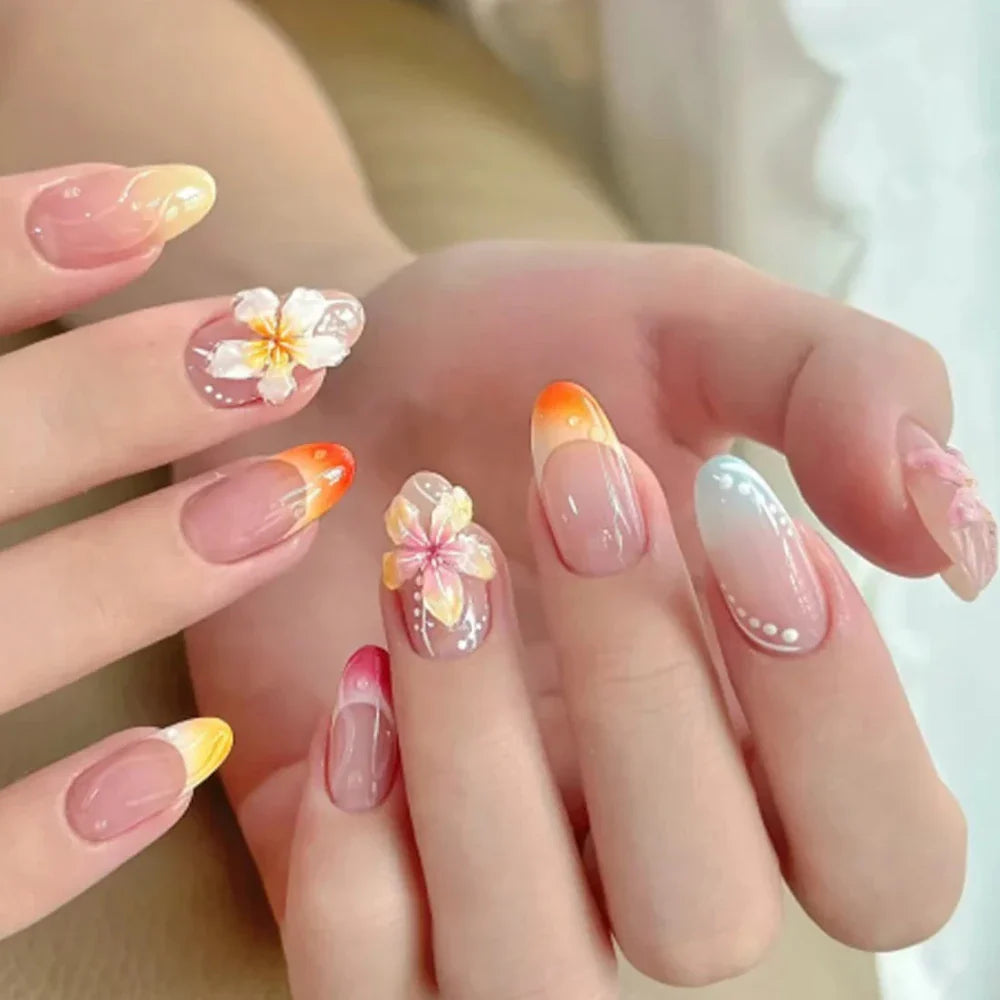 Pink Magic Mirror French 3D Flowers Nail Art Fashion Almond Wearable False Nails Detachable Finished Fake Nails Press on Nails