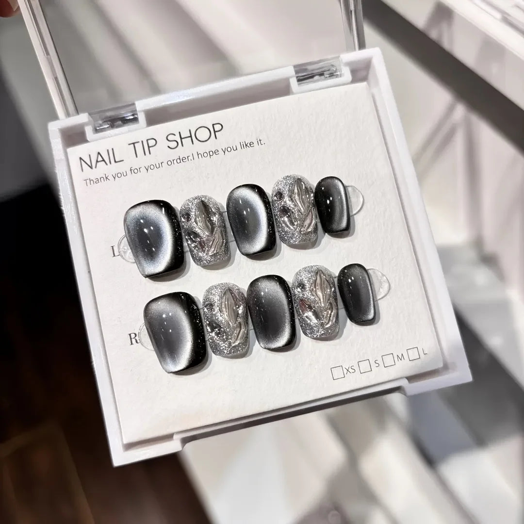 10pcs high-end Grey cat's eye small diamonds handmade fake nails, Short dark-colored nail decoration patches for girls