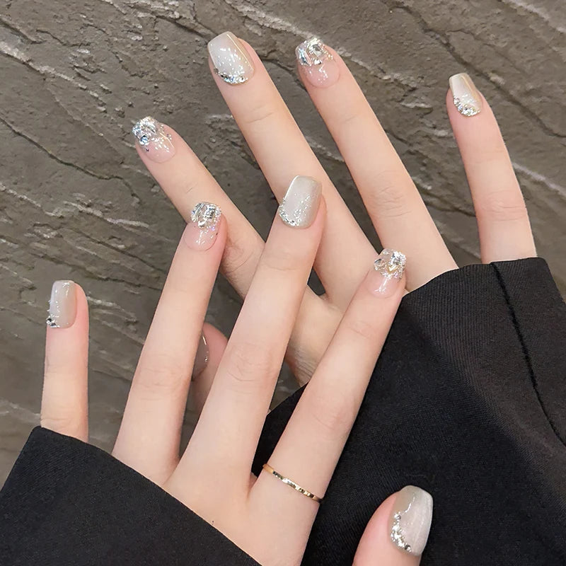 10Pcs Glitter Diamond Short Handmade Press On Nails Full Cover Irregular Rhinestone Design Cat Eye Ballet Fake Nails Manicure
