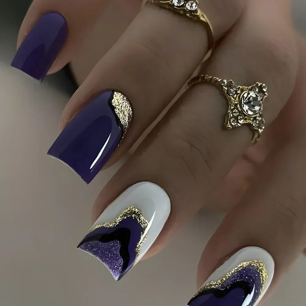 24Pcs Ladder-shaped Ballet False Nails with Glue Stripe Floral Nail Art Ombre French Press on Acrylic Nail Tips for Spice Girls