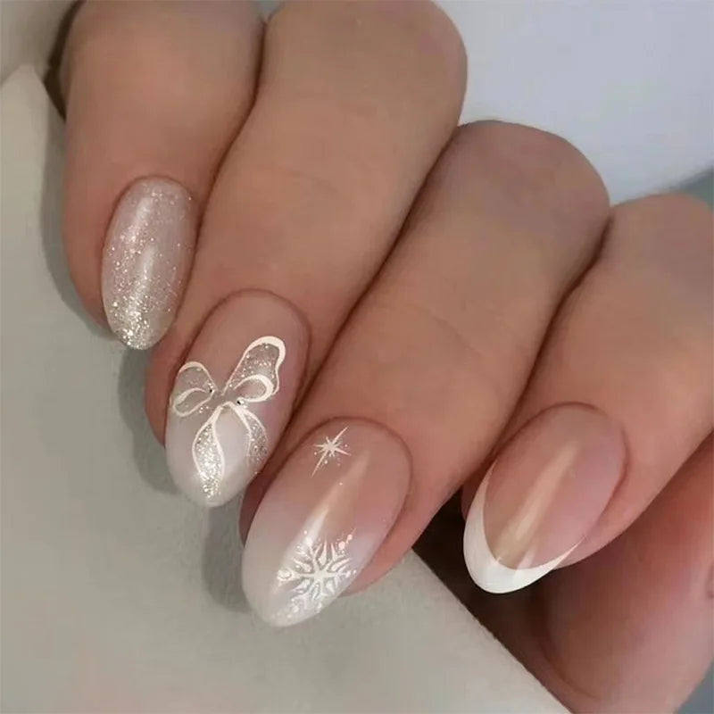 24Pcs Short Round Head Press on False Nails with White Sumdge Design Fake Nail for Woman Reusable Finished Full Cover Nails Tips