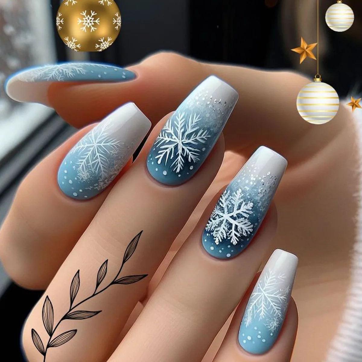 Medium Long fake nails for Christmas Black red blue nail tips white snowflakes fireworks Square almond tips press on false nails