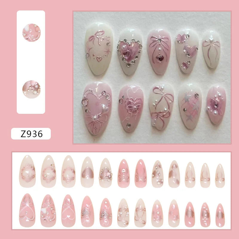 24Pcs/set Sweet Bow False Nails Press On Nails Fake Nails Kit Artificial Art Nails Finger DIY Manicure For Women And Girls