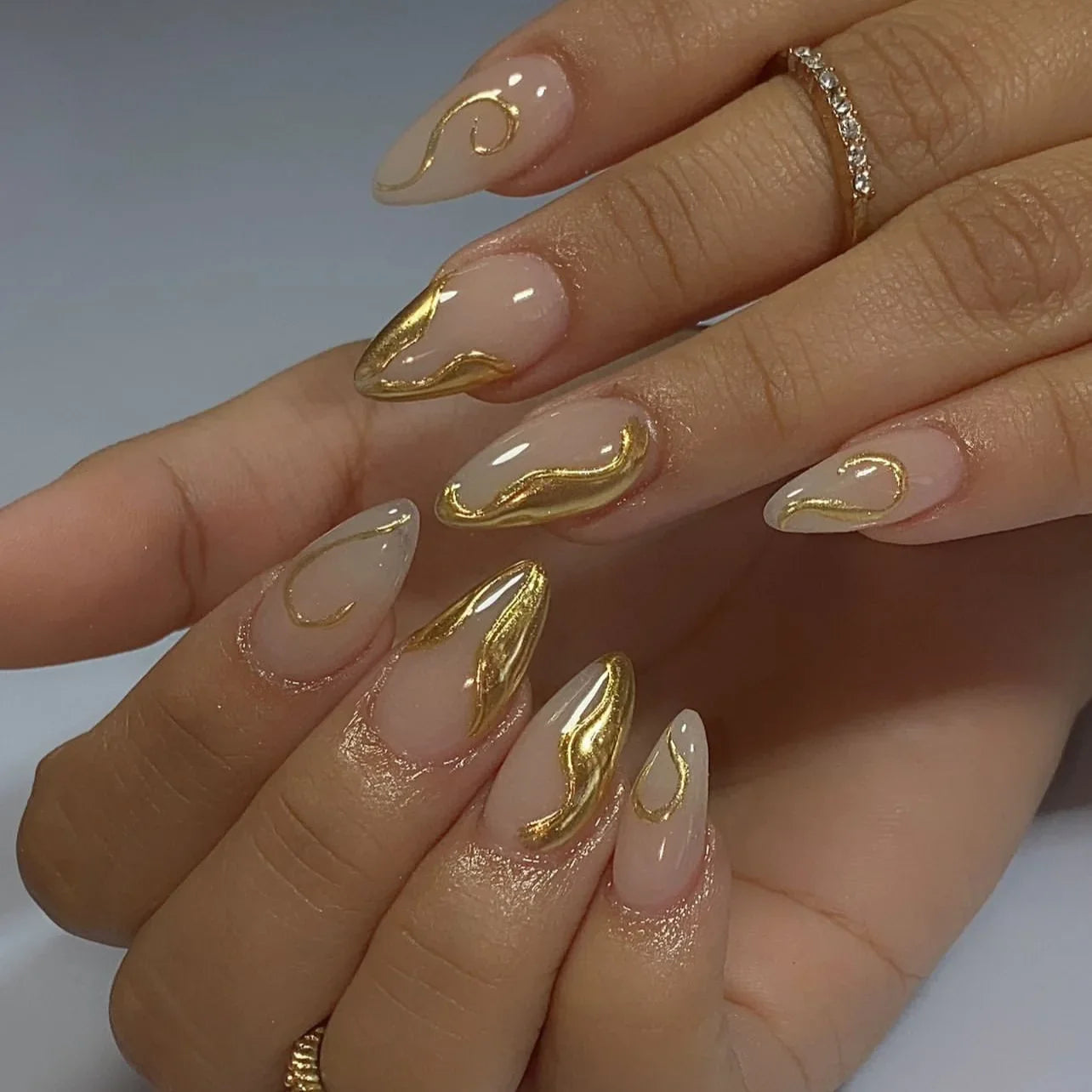 24Pcs Cyber Punk Style Almond False Nails Press on Pink Blush Full Cover Fake Nails 3D Ombre Wearable Acrylic Nail Manicure Tips